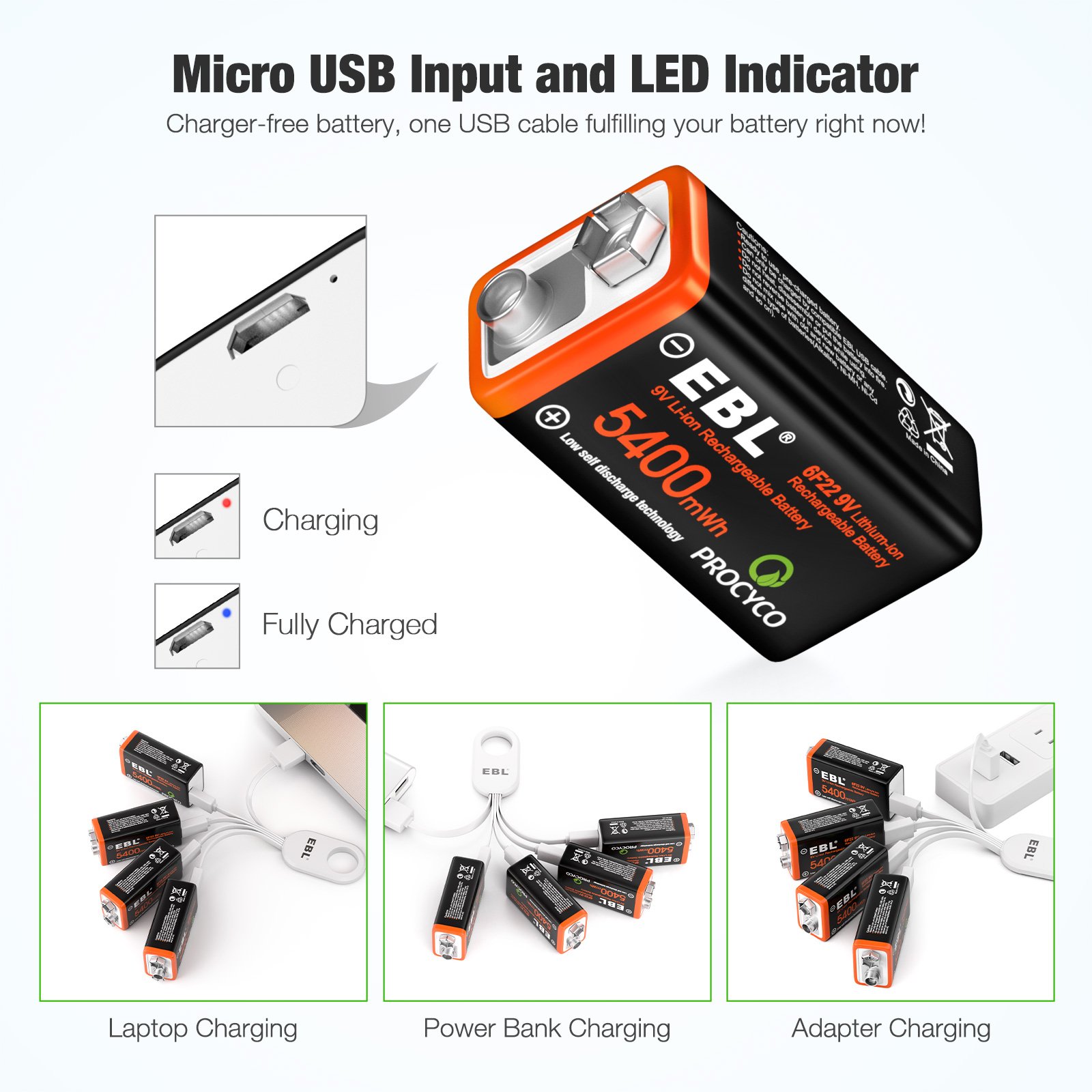 EBL 9V 5400mWh 600mAh USB Rechargeable Cell Lithium ion Battery With 4 in 1 USB Cable
