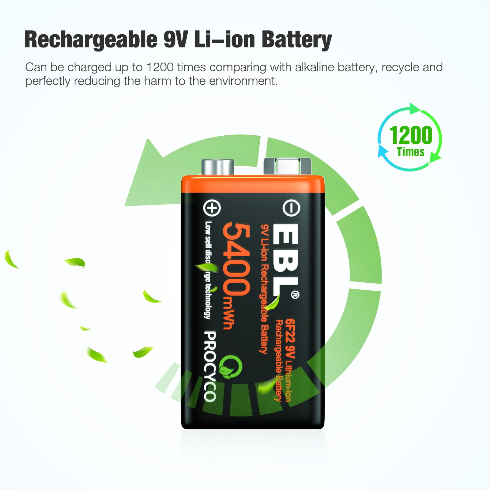 EBL 9V 5400mWh 600mAh USB Rechargeable Cell Lithium ion Battery With 4 in 1 USB Cable
