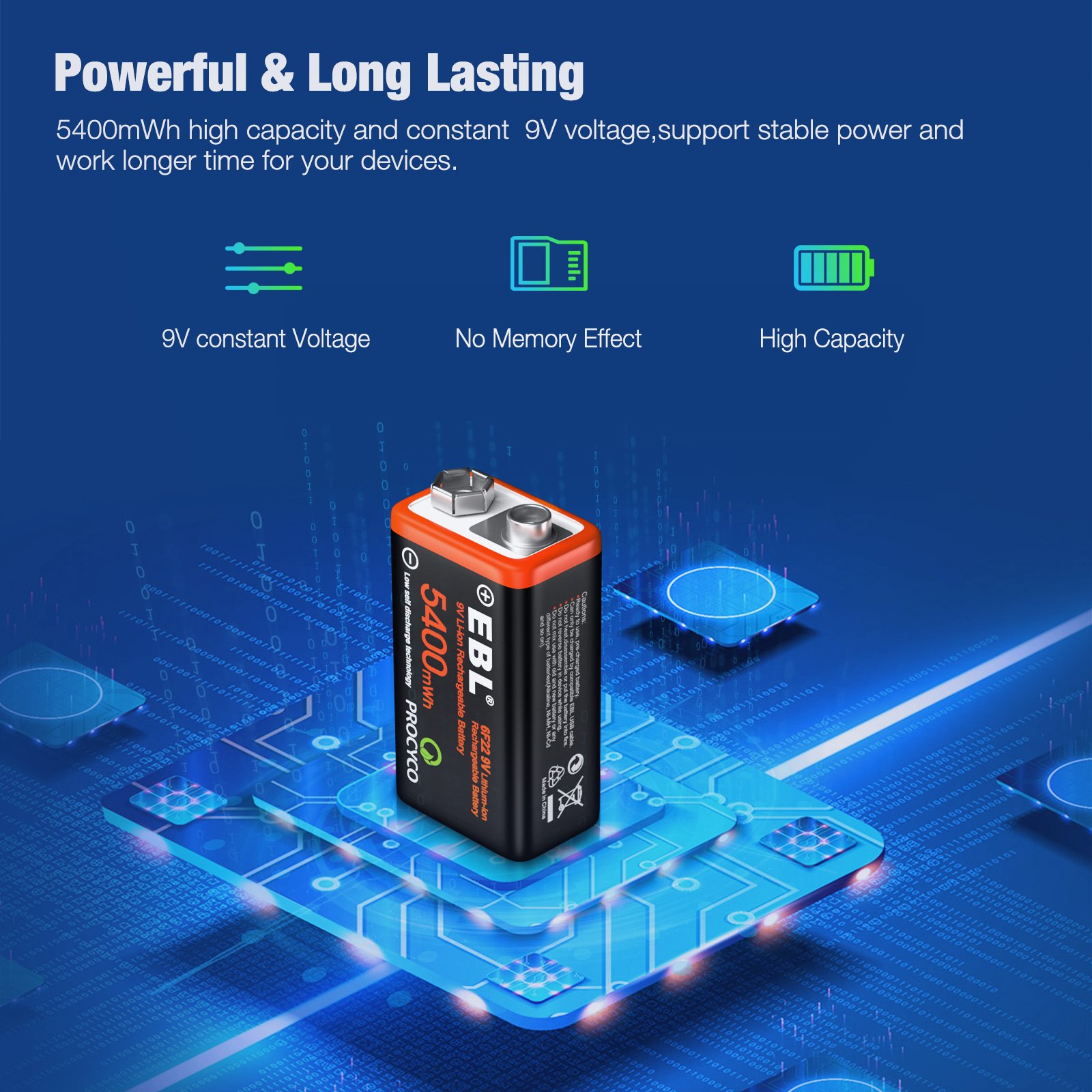 EBL 9V 5400mWh 600mAh USB Rechargeable Cell Lithium ion Battery With 4 in 1 USB Cable