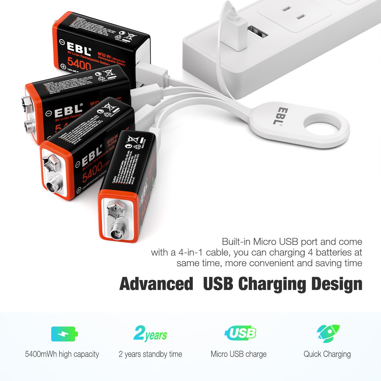 EBL 9V 5400mWh 600mAh USB Rechargeable Cell Lithium ion Battery With 4 in 1 USB Cable
