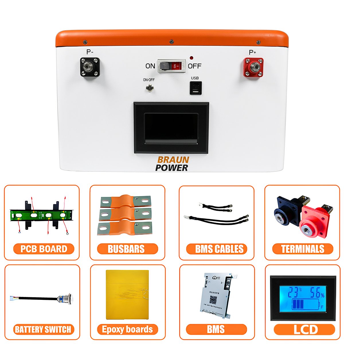 12V 280Ah DIY Lithium-ion Battery box with display Built-in JK-B2A8S20P BMS Easy Installation LiFePO4 Battery case box housing