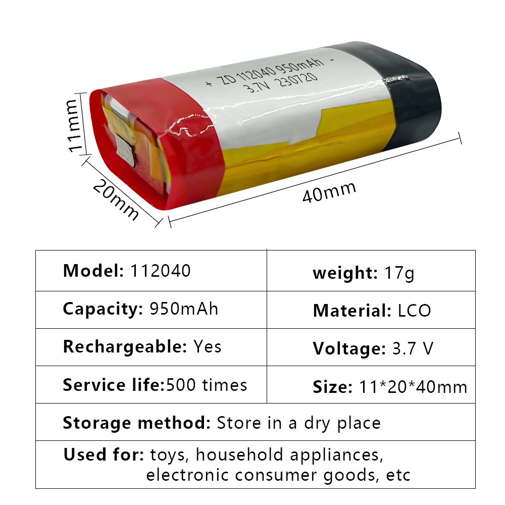 High quality and high capacity 3.7V 950mAh rechargeable cylindrical lithium-ion 112040 battery