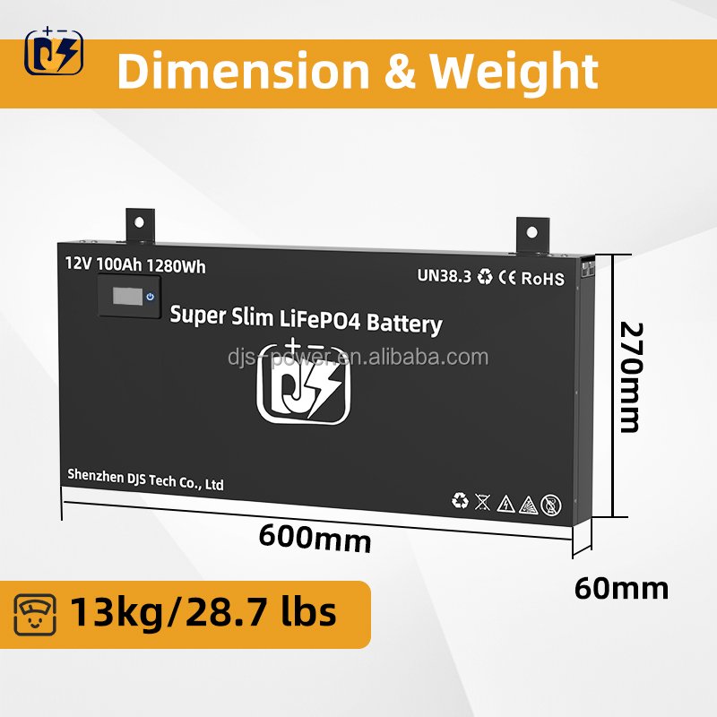 Ultra Slim DJS 12V100Ah Lithium Battery Slimline Wall-mounted 12.8 Volt Lifepo4 for Solar System RV Marine Boat Camping 4WDs