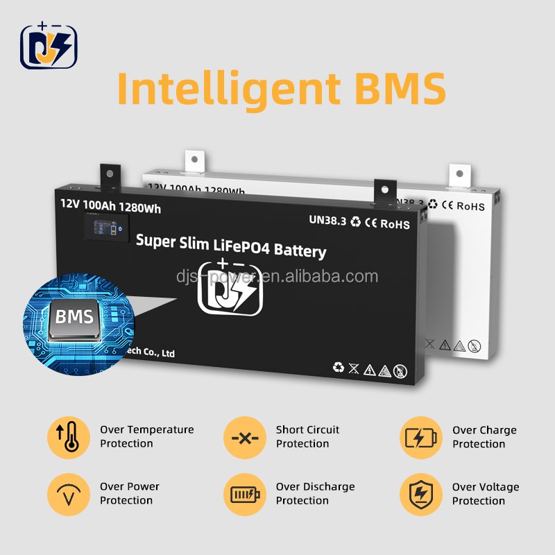 Ultra Slim DJS 12V100Ah Lithium Battery Slimline Wall-mounted 12.8 Volt Lifepo4 for Solar System RV Marine Boat Camping 4WDs