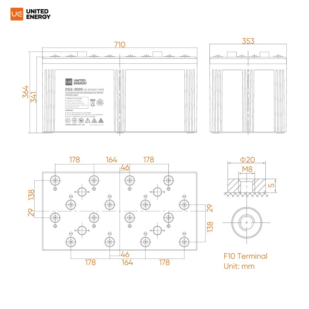 United Energy Lead Acid Battery 2V 6V 12V 1000AH 2000AH 3000AH 1200 Cycles life