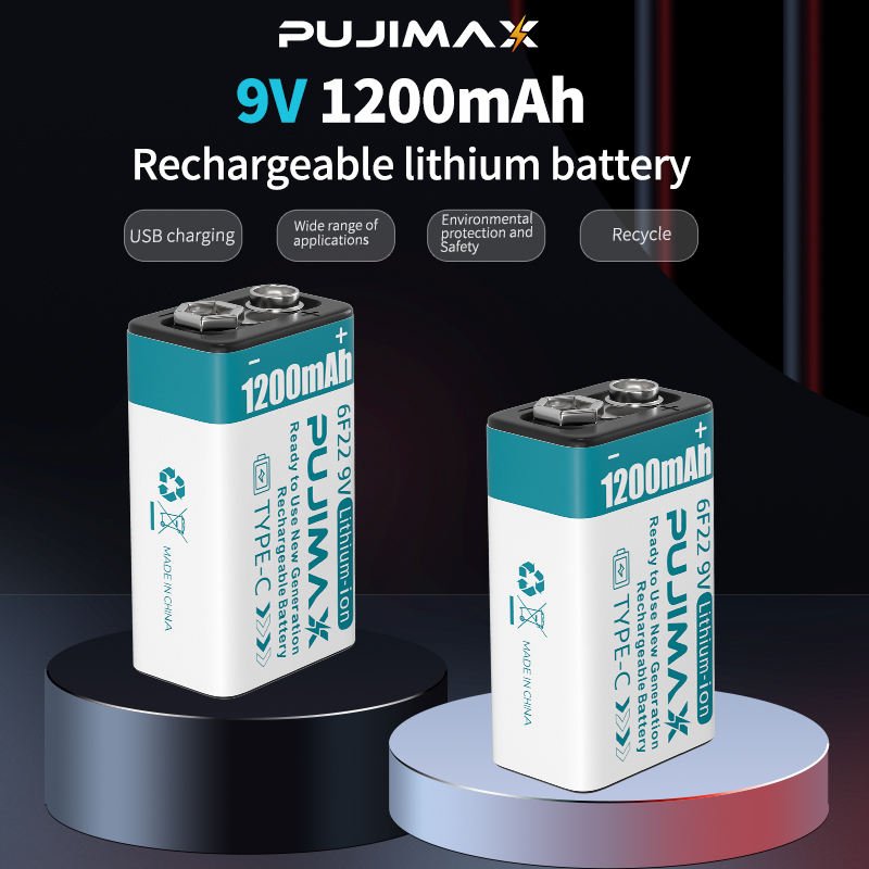 PUJIMAX 1200mAh Lithium ion batteries Li ion USB Battery 9V Rechargeable Battery For Smoke Detectors With Charging Cable