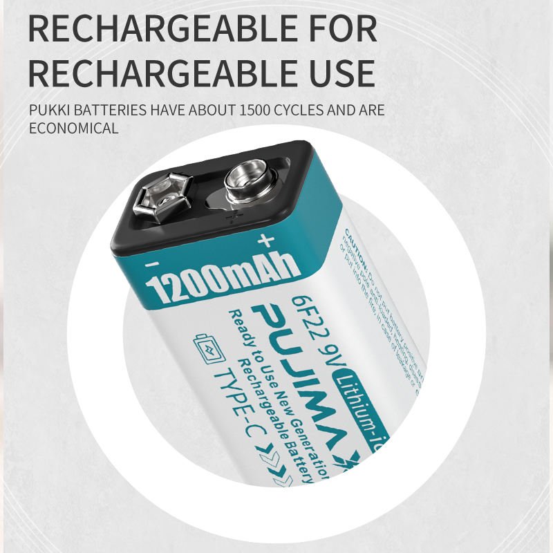 PUJIMAX 1200mAh Lithium ion batteries Li ion USB Battery 9V Rechargeable Battery For Smoke Detectors With Charging Cable
