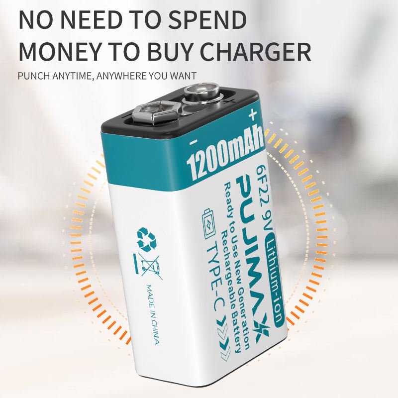 PUJIMAX 1200mAh Lithium ion batteries Li ion USB Battery 9V Rechargeable Battery For Smoke Detectors With Charging Cable