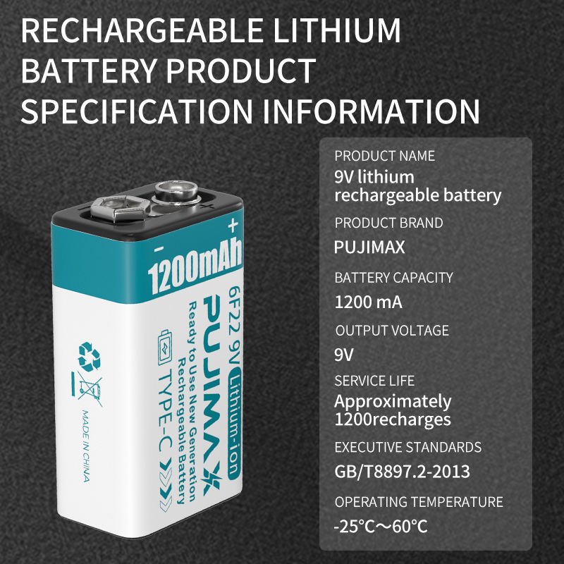 PUJIMAX 1200mAh Lithium ion batteries Li ion USB Battery 9V Rechargeable Battery For Smoke Detectors With Charging Cable