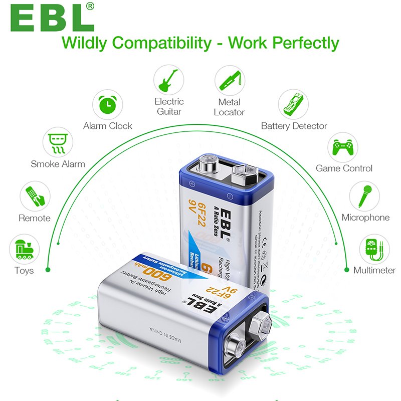 Rechargeable EBL Rechargeable 9 Volt Battery Hot Sale 9v Li-ion Batteries 9v Lithium Battery
