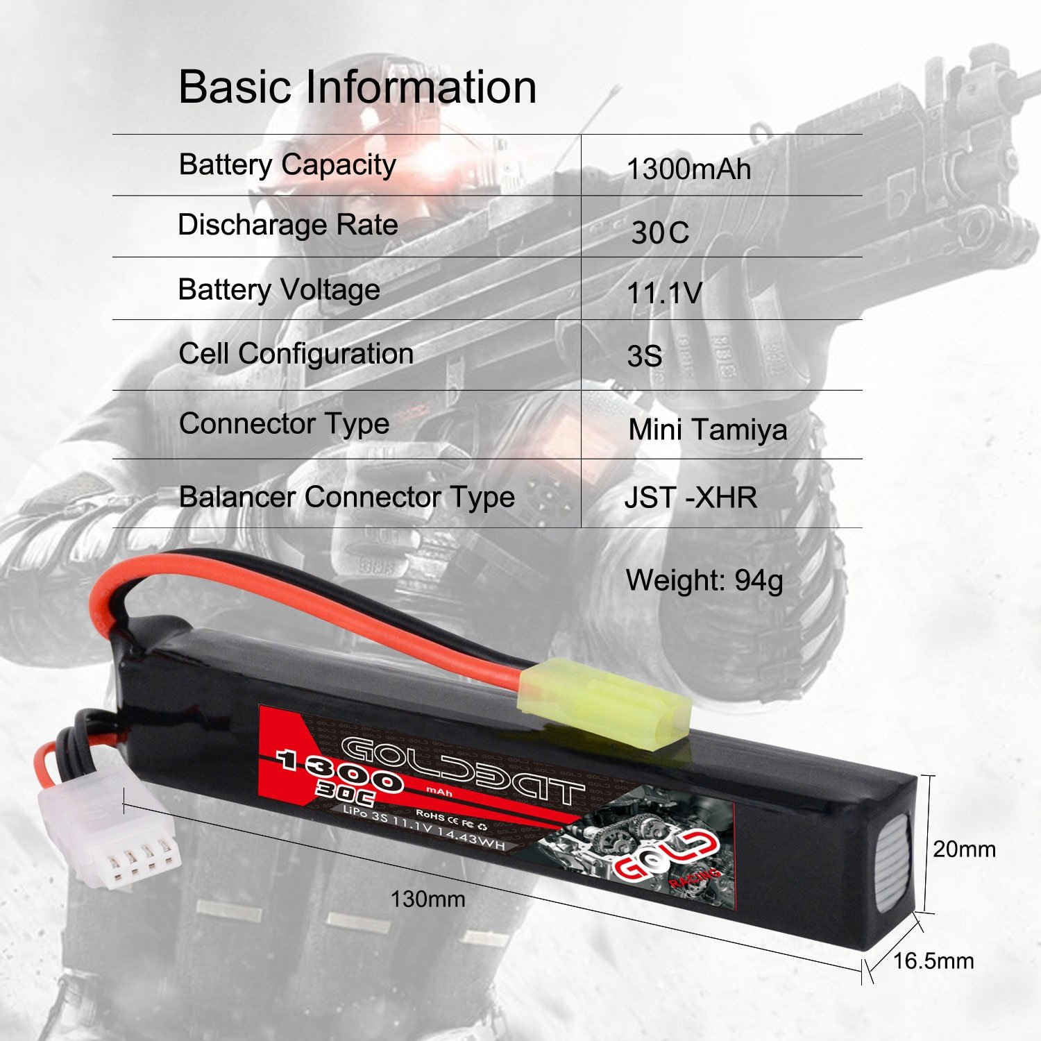 OEM/ODM High Capacity GOLDBAT 30C 1300mAh 3S Rechargeable Lithium Polymer Battery Pack 11.1V for Airsoft Toys