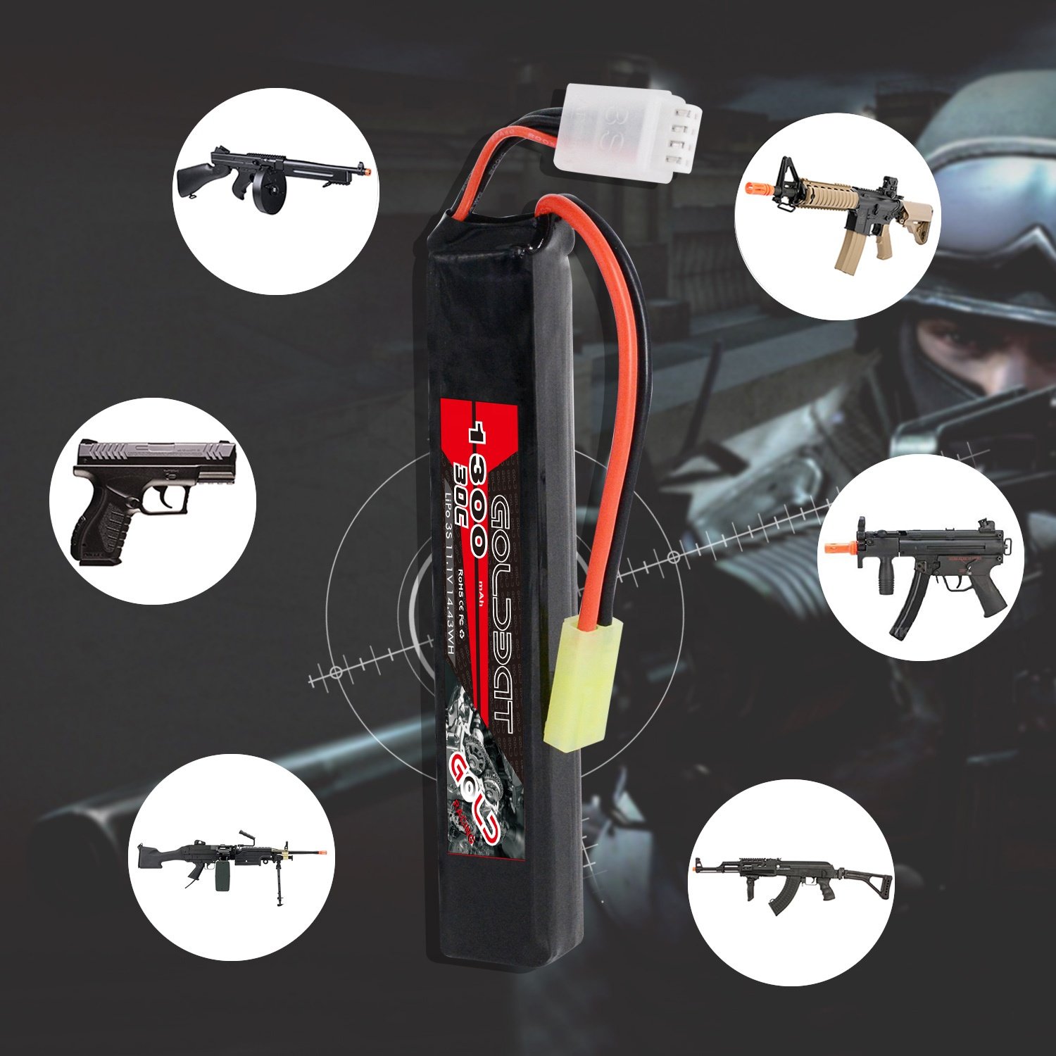 OEM/ODM High Capacity GOLDBAT 30C 1300mAh 3S Rechargeable Lithium Polymer Battery Pack 11.1V for Airsoft Toys