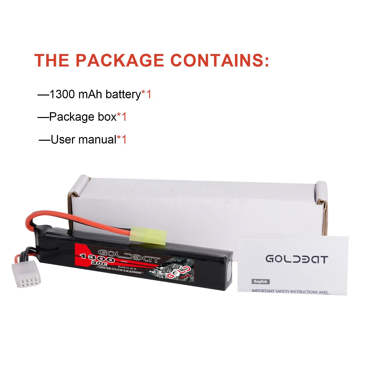 OEM/ODM High Capacity GOLDBAT 30C 1300mAh 3S Rechargeable Lithium Polymer Battery Pack 11.1V for Airsoft Toys