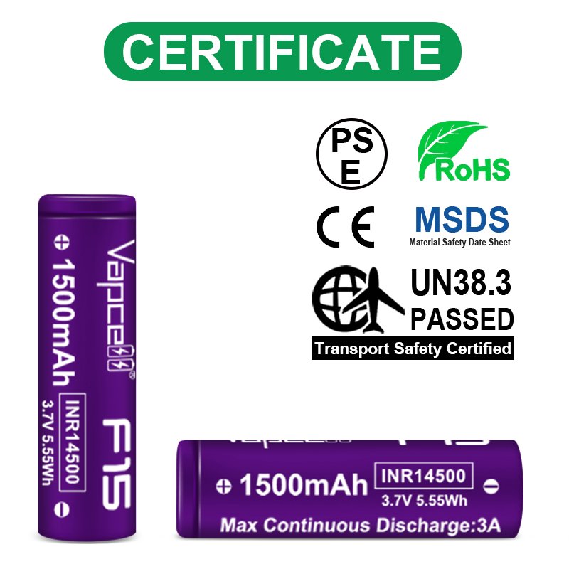 Vapcell 14500 1500mag 3a F15 Lithium Ion PK Vapcell 14500 1200mah f12 3.7v Rechargeable Aa Li-ion Battery for Handheld fan