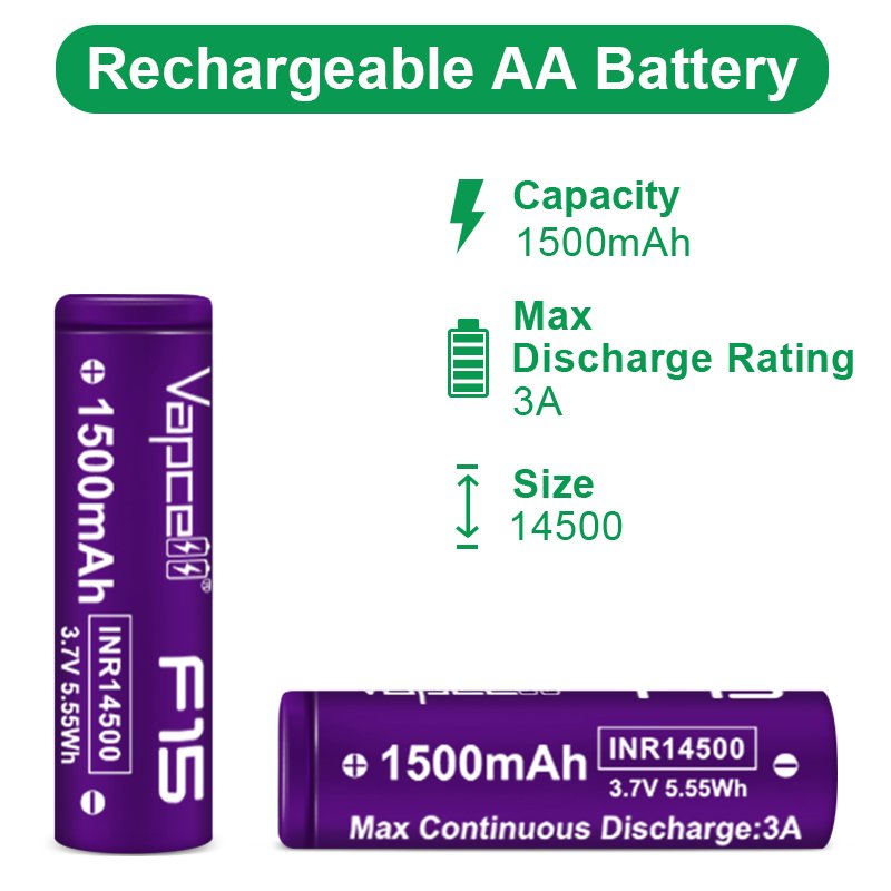 Vapcell 14500 1500mag 3a F15 Lithium Ion PK Vapcell 14500 1200mah f12 3.7v Rechargeable Aa Li-ion Battery for Handheld fan