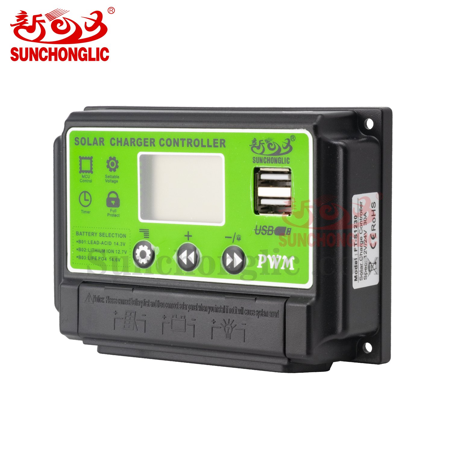 Sunchonglic 30 amp solar controller 12v 24v auto 30A manual pwm solar charge controller with dual usb output