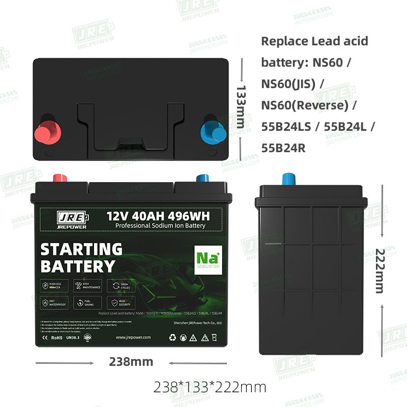 Na+ 12.4V 40Ah 496Wh Sodium-ion cranking battery High CCA 12V Sodium ion Start battery to replace lead acid battery NS60/55B24