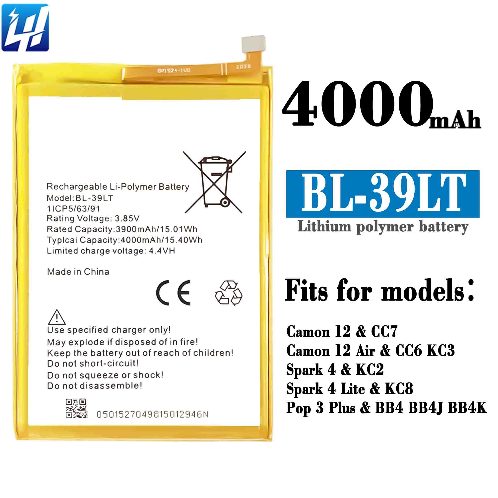 Cell phone battery for Tecno Spark 4 KC2 Spark 4 Lite KC8 Pop 3 Plus BB4 battery BL-39LT lithium ion batteries