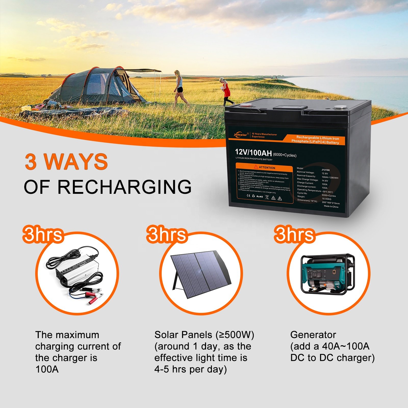 Jsdsolar 12V Lithium Battery Rechargeable 100AH LiFePO4 Battery Pack 12.8V 100AH Deep Cycle Lithium Ion Energy Storage Battery