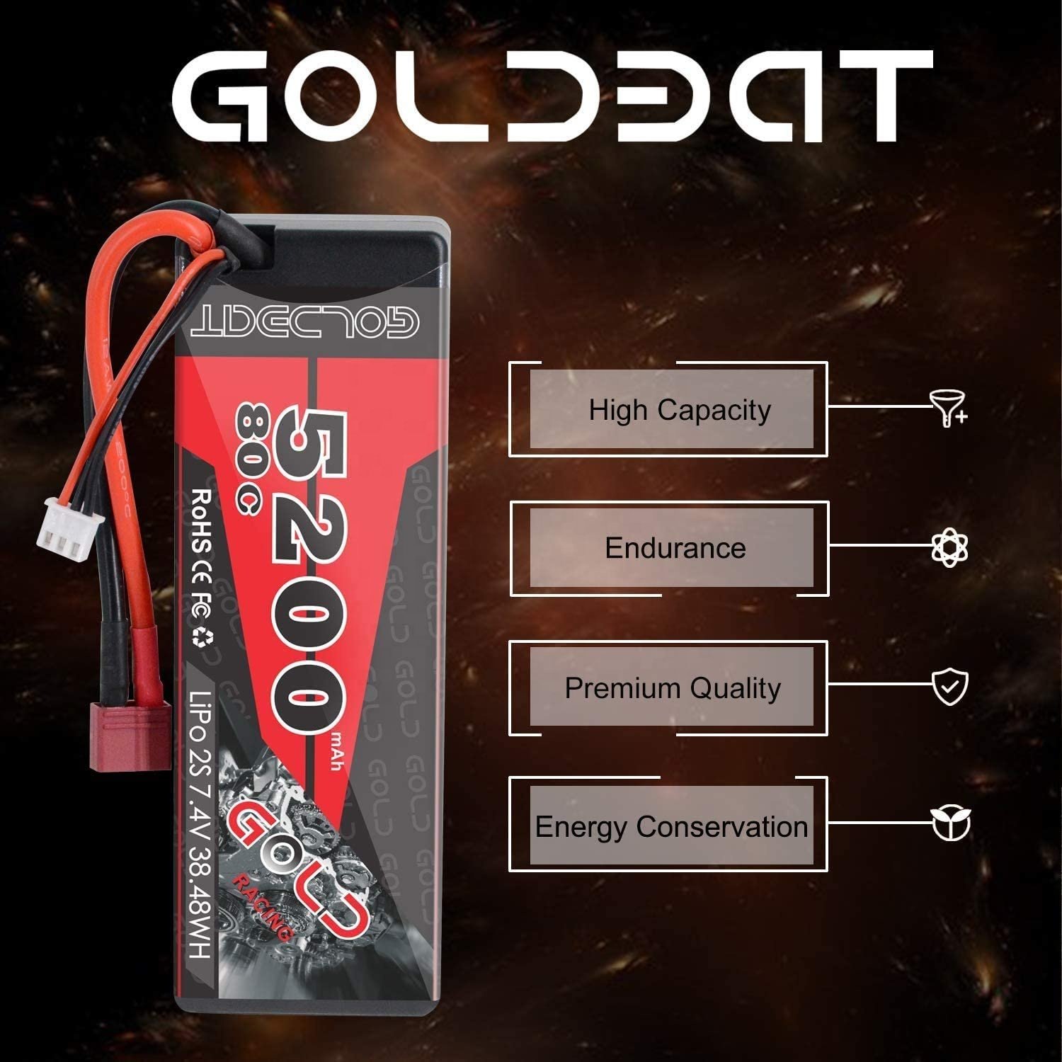 GOLDBAT High capacity Factory Wholesale Lipo Lithium Polymer 2S 5.2Ah 80C RC Car Truck Boat Toys 7.4V RC LiPo Battery Pack