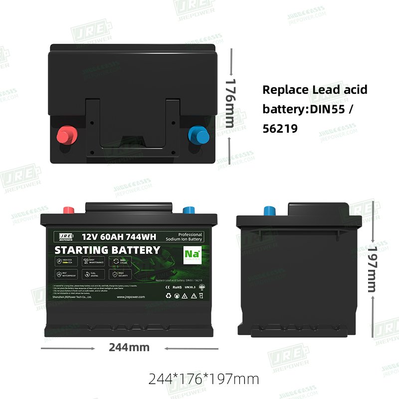 Na+ Sodium ion 12.4V 60Ah 744Wh cranking battery High CCA Sodium-ion Starting battery to replace lead acid battery DIN55 56219