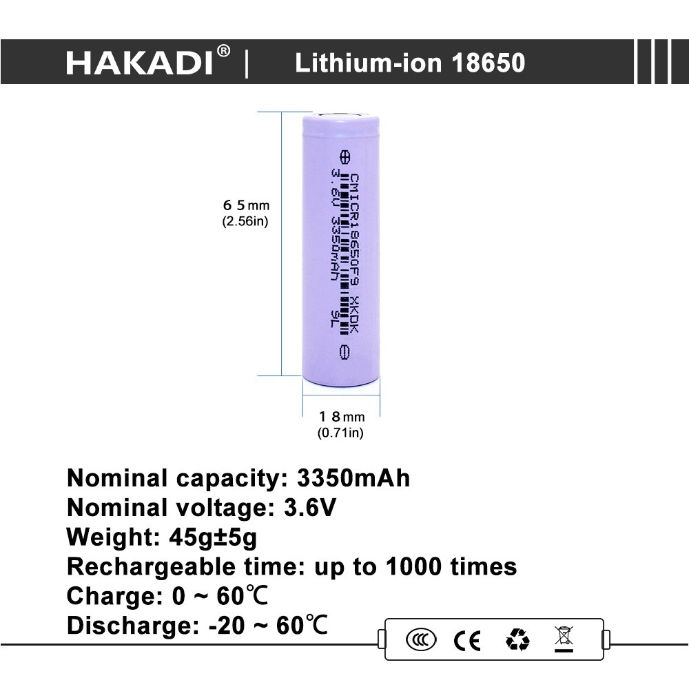 HAKADI 18650 3.7V 3350mah Rechargeable Lithium-ion Batteries High Capacity Wholesale For Solar Light DIY Power Bank