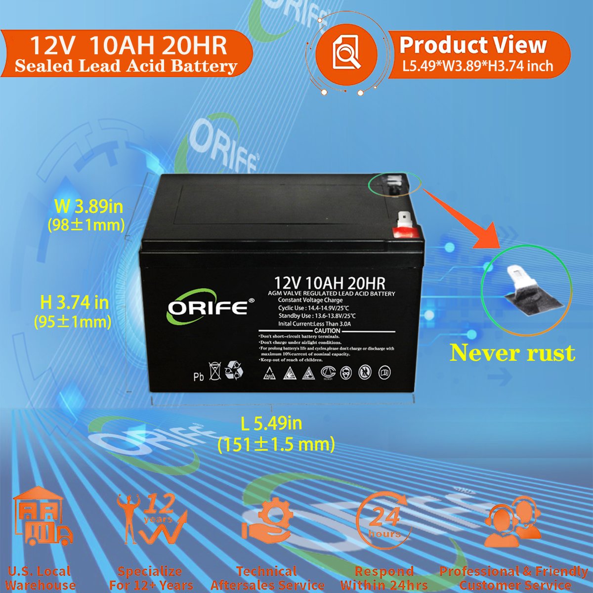 ORIFE Sealed Gel Stationary Recycling Solar Plate 12v 10ah 20hr Lead Acid Battery