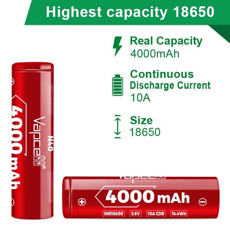 Rechargeable Batteries Lithium Ion VAPCELL 18650 4000mah 10a N40 3.6v Inr18650 3.7V Rechargeable Battery
