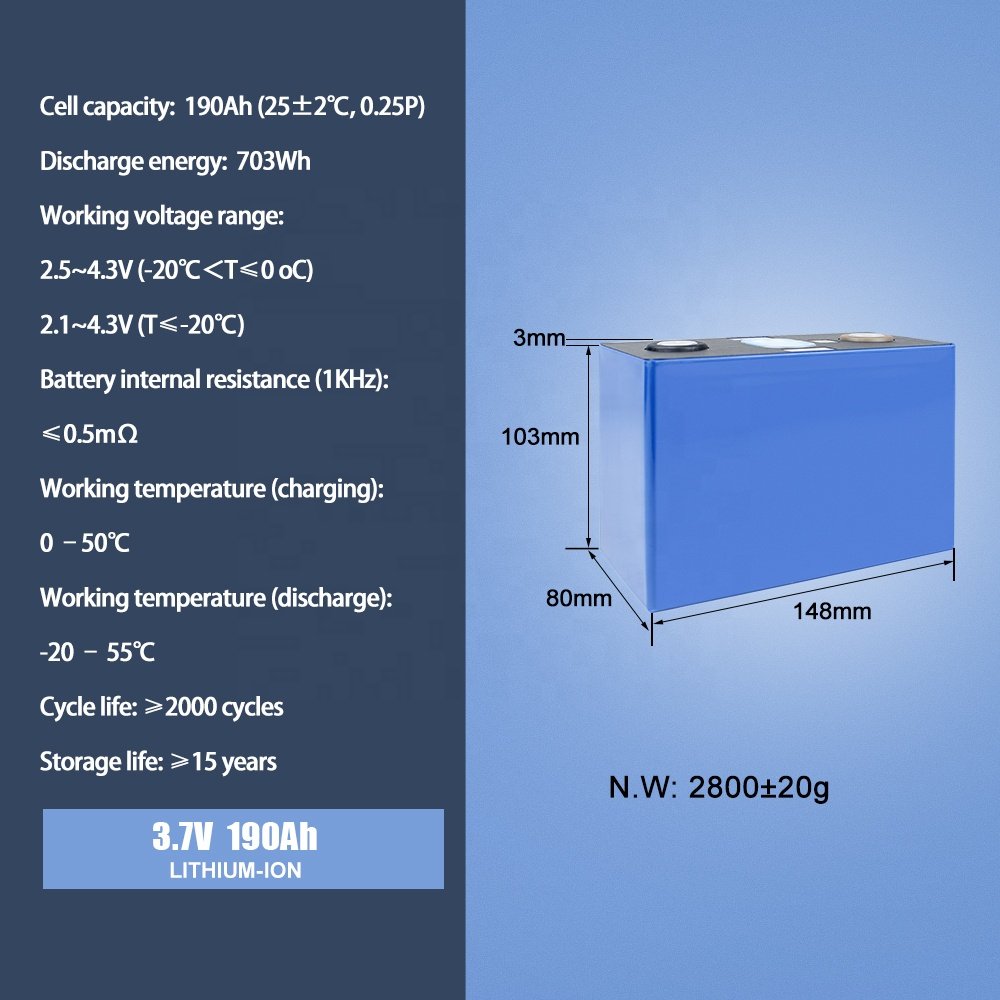 Rechargeable battery 3.7V 190Ah NMC Prismatic cell In stock 3000+ Cycle Life For DIY 24V48Vpack, solar Energy storage, Golf Cart