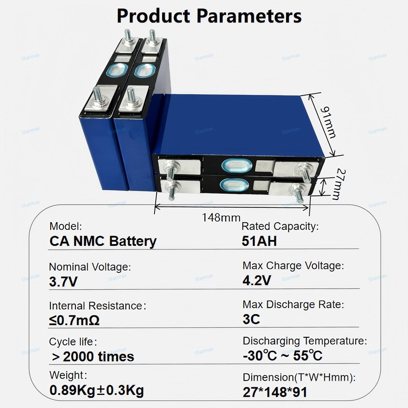 Starmax Catl 3.7V 50Ah 51Ah Ncm 811 Rechargeable Car Lithium Ion Battery 50Ah 51Ah 3.7V Prismatic Nmc Battery Cell