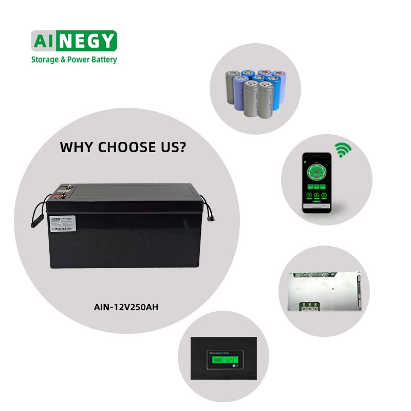 12V250Ah AINEGY LiFePO4 Battery 12V Lithium Ion Battery Pack with Blue tooth for Home Appliances/Photovoltaic Energy Storage/RV