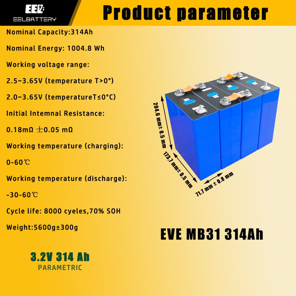 EU stock Grade A EVE MB31 3.2V 314ah 8000 cycle new Full Capacity LiFePO4 Cells eel battery box lithium ion batteries