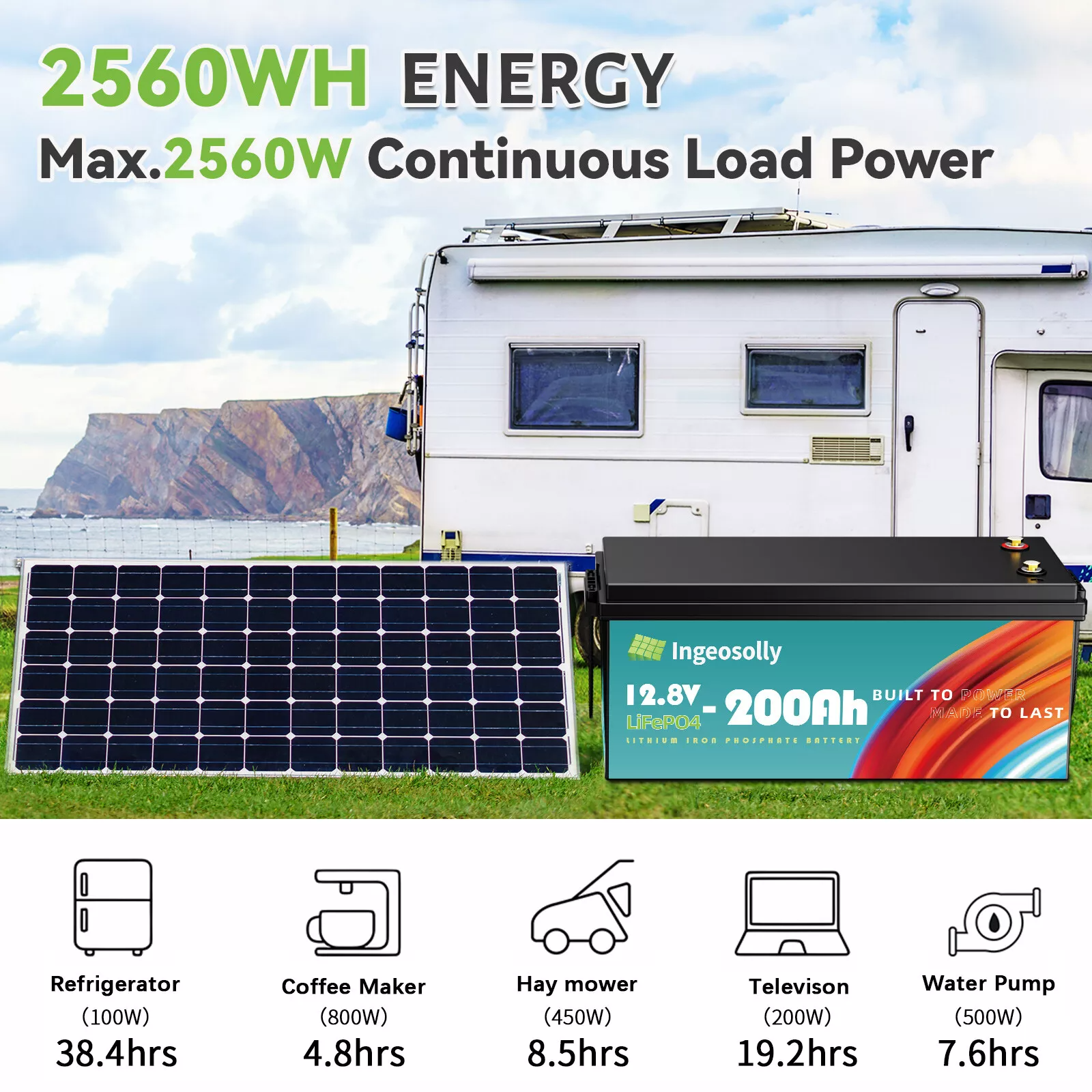 12V 200Ah Lithium LiFePO4 Battery Max 2560W Power Output 200A BMS Protection 6000+ Deep Cycles Perfect for Home