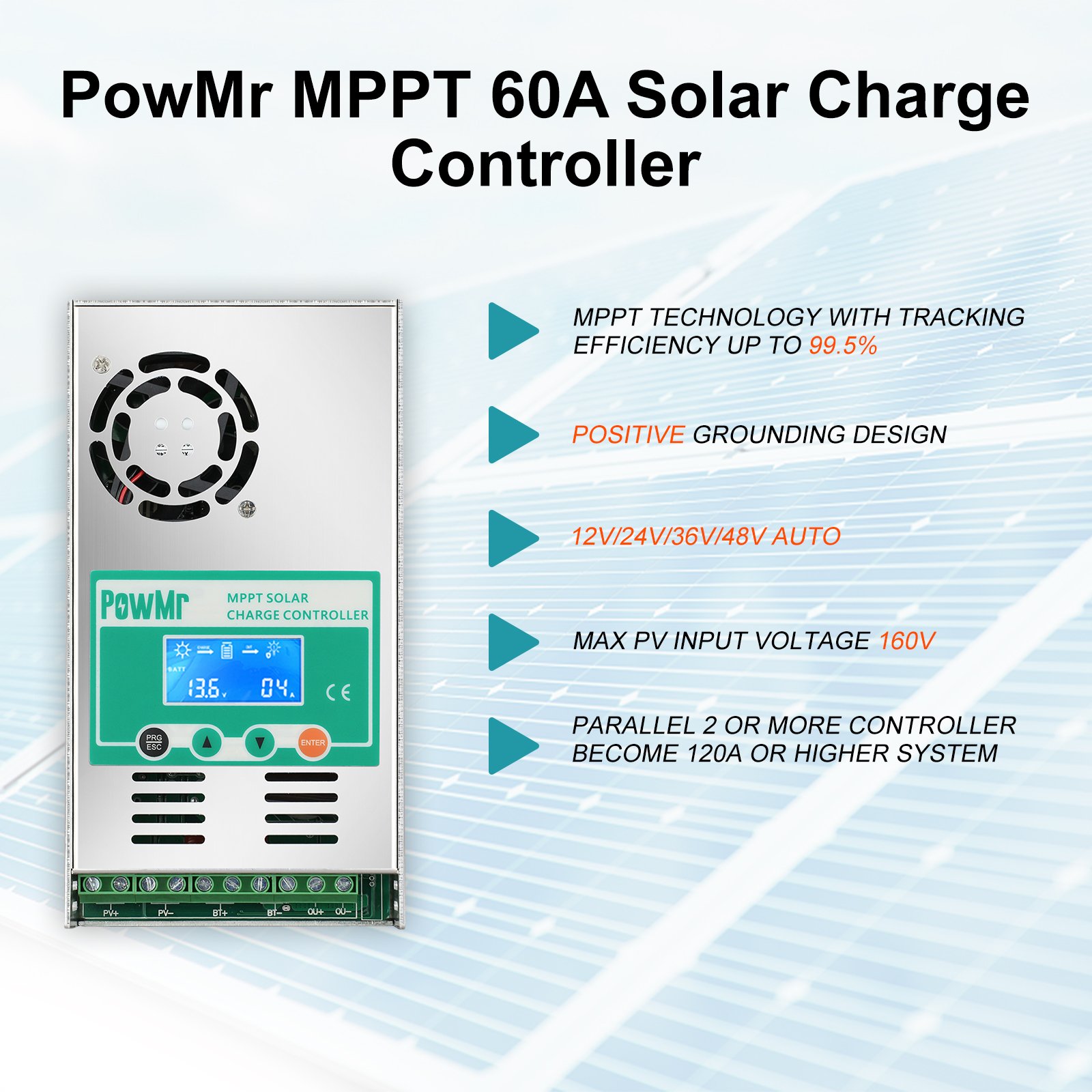 PowMr Auto 12V/24V/36V/48V Solar Charge Regulator 60Amp MPPT 150V Solar PV Panel Battery Charge Controller