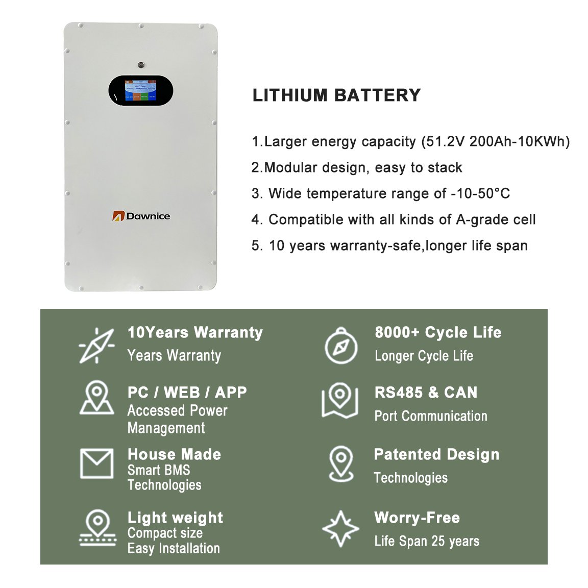 Energy Storage Power Wall 5kwh 10kwh 16kwh Moveable 100Ah 200Ah Lithium Ion Battery Waterproof Backup Power Supply Solar System