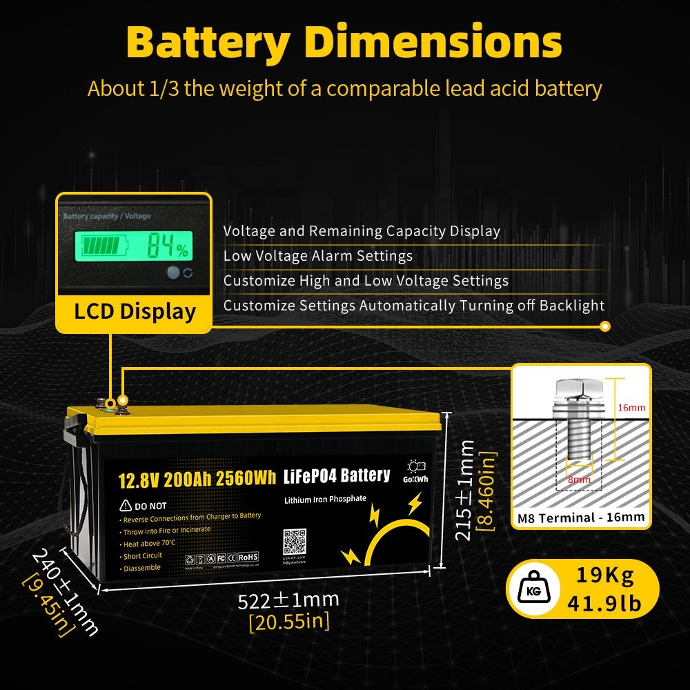 GoKWh Deep Cycle LCD 100Ah 200Ah 12V 24V Lithium ion Lifepo4 Batteries Pack for Solar Home Energy Storage