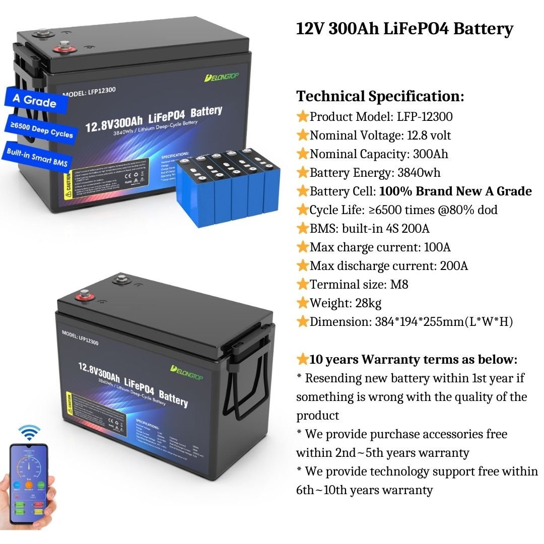 12V 300Ah LiFePO4 Lithium ion Battery, 6000+ Deep Cycles, Smart BMS, Perfect for RV, Solar, Marine and Off Grid Applications