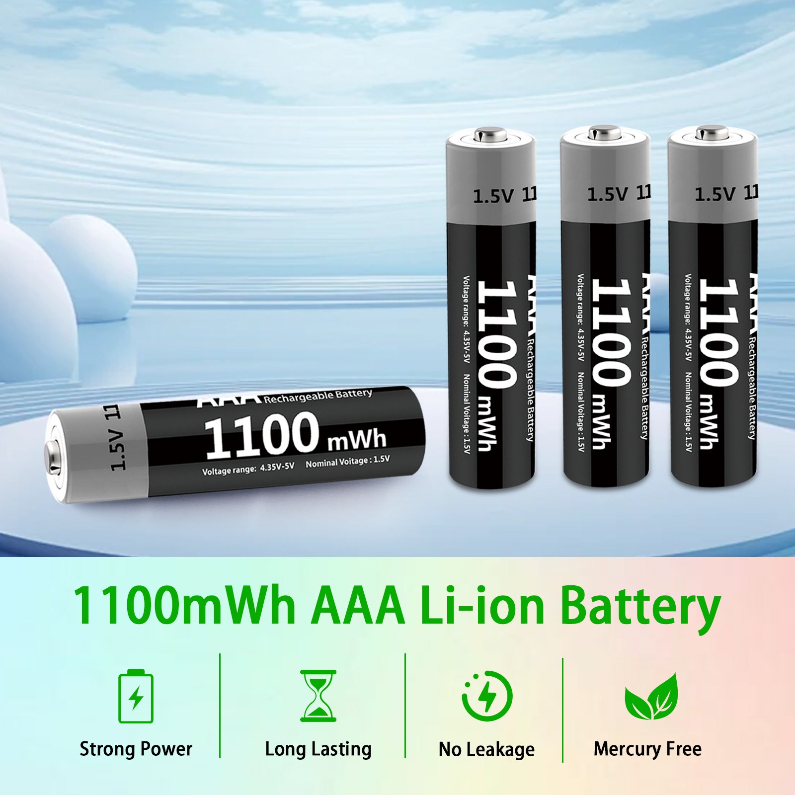 1100 MWH USB Rechargeable 1.5V AAA Lithium Batteries for Consumer Electronics & Home Appliances