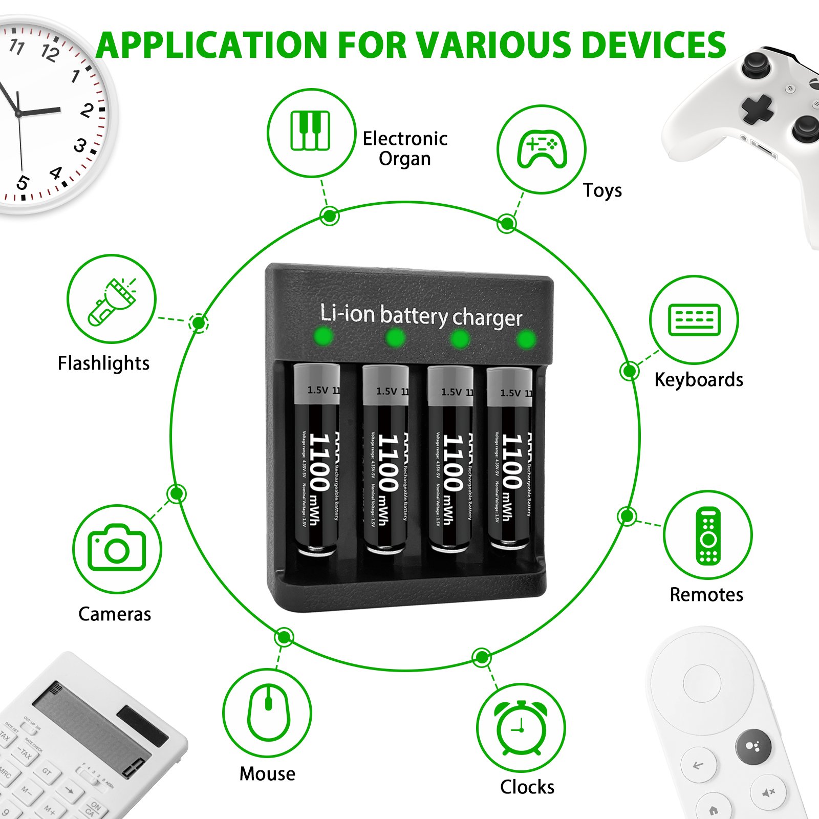 1100 MWH USB Rechargeable 1.5V AAA Lithium Batteries for Consumer Electronics & Home Appliances