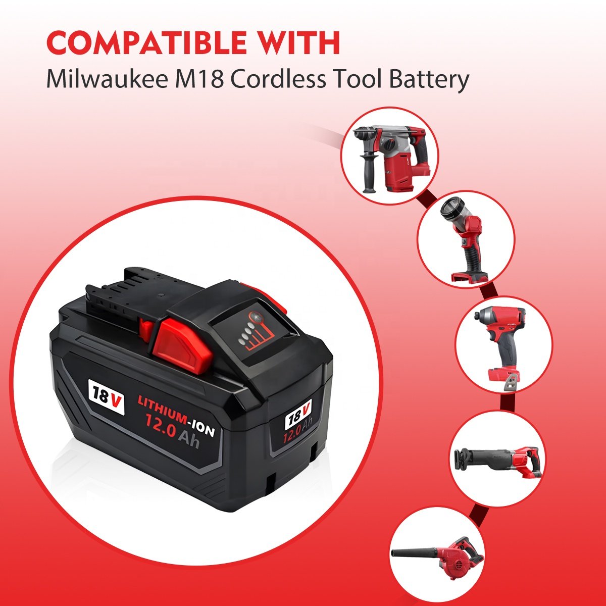 Hot Sale High Output Power Tool Battery for Milwaukees 18V 12.0Ah Lithium Ion Battery M18B Replacement Cordless Drill Battery