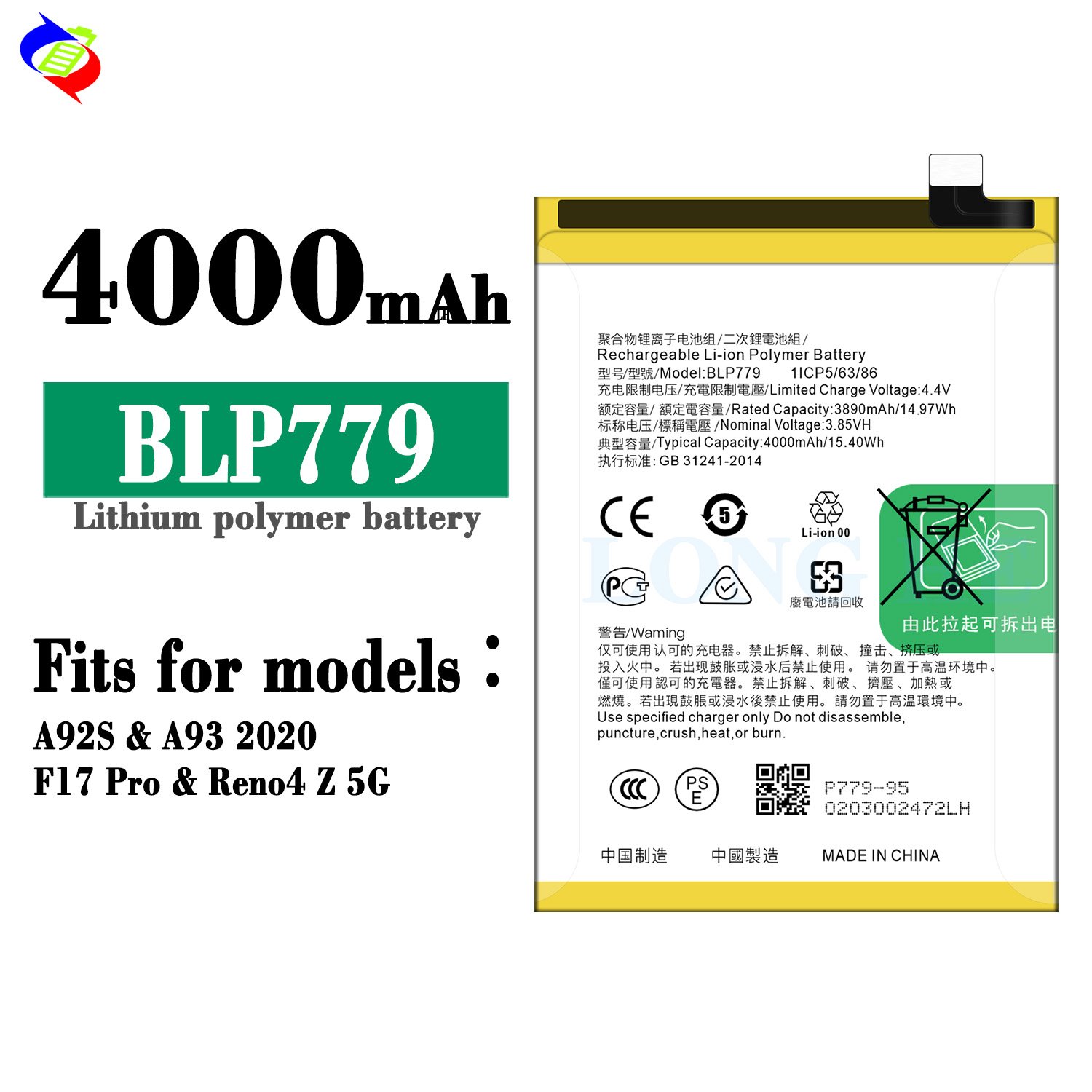 4000mAh BLP779 Reno4 Z 5G A92S 2020 mobile phone battery for OPPO Reno 4Z battery