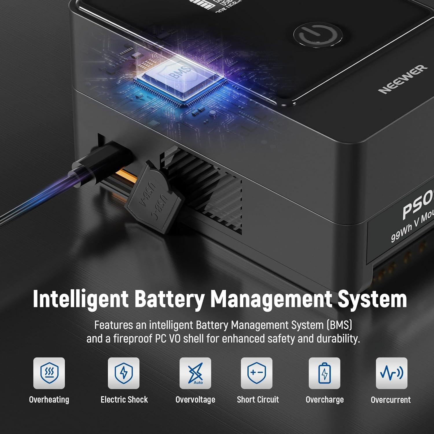 NEEWER 6800mAh 99Wh 14.5V Fast Charging Mini V Mount Battery PS099E with Type C Cable and OLED Display