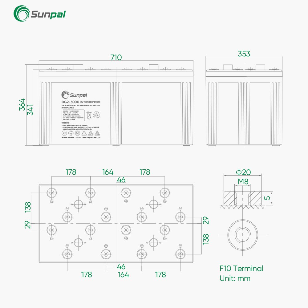 Sunpal Lead Acid Batteries 2V 200Ah 800Ah Agm Deep Cycle Solar Storage Battery