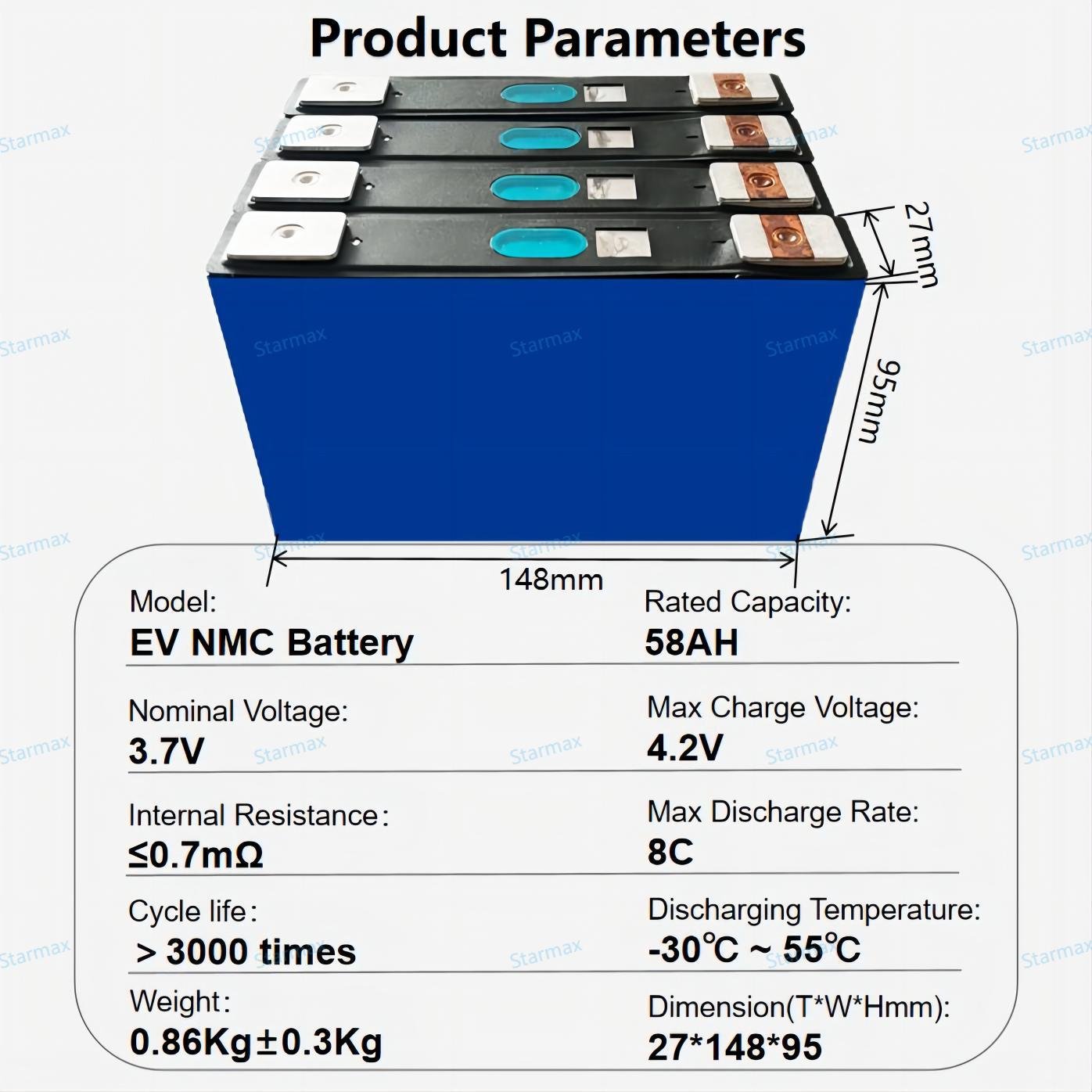 Starmax High Rate Ev e3.7V 58Ah Rechargeable Lithium Ion Battery 58Ah NCM Prismatic Cell Electric Motorcycle NMC 811 Battery