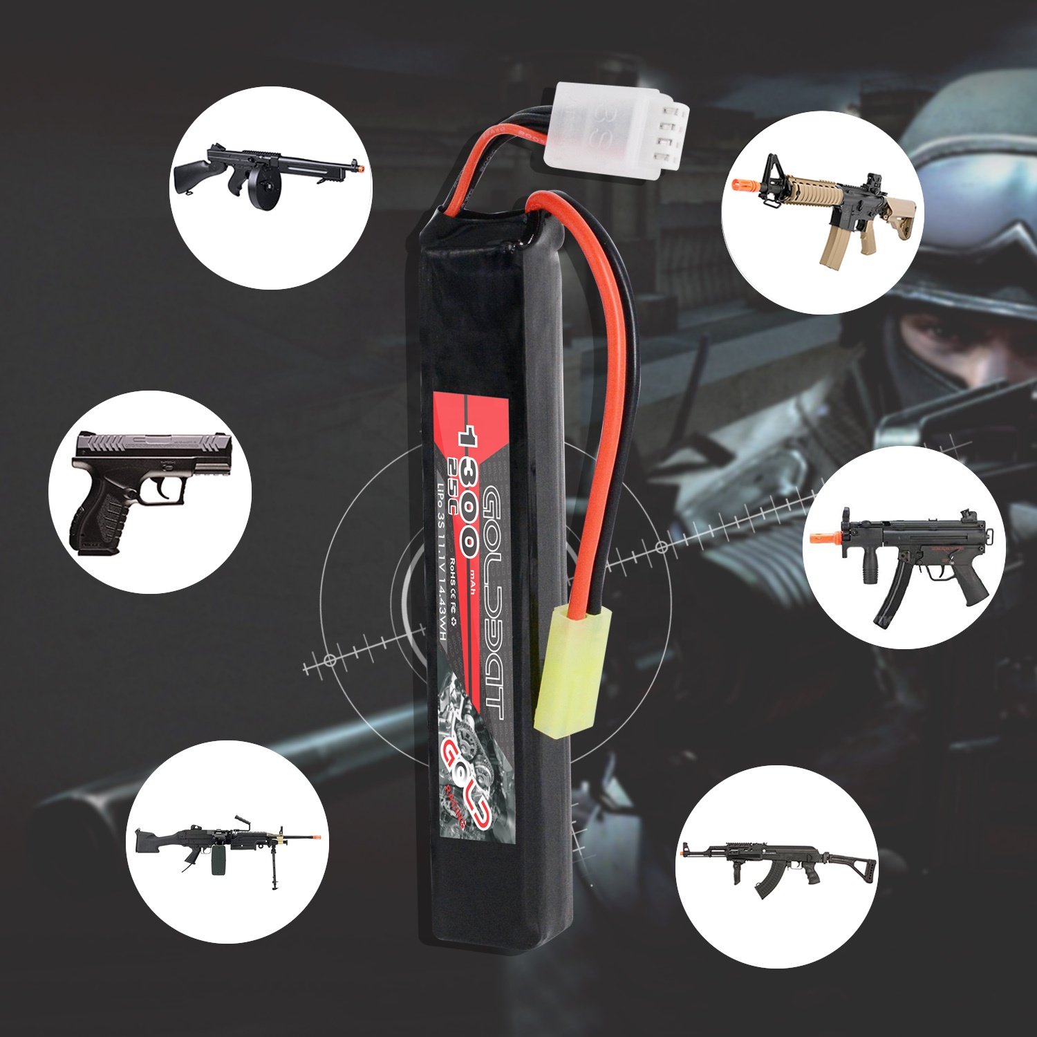 High Capacity GOLDBAT 1300mAh 11.1V 25C 3S Lithium Ion Battery Lipo Packs for Airsoft Toys