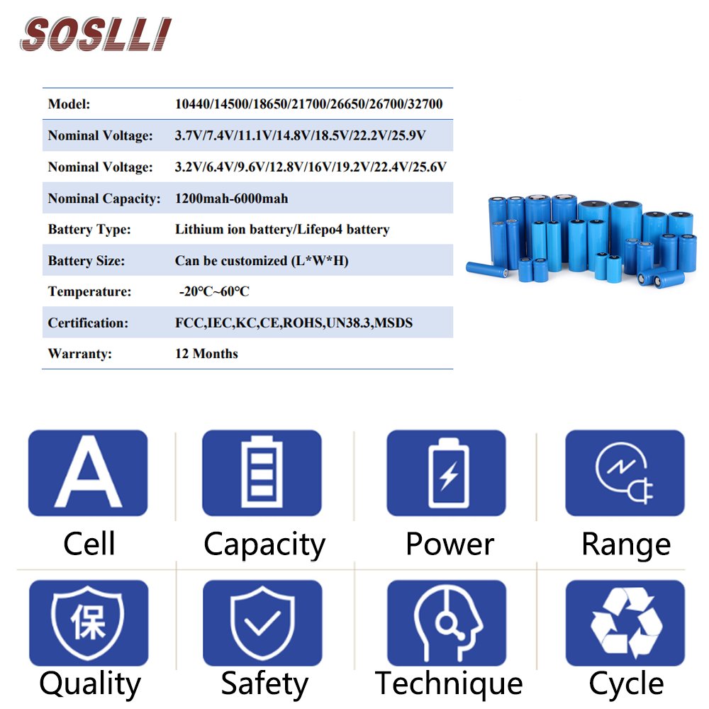 Customized Lifepo4 Battery 2600Mah 3500Mah 3.7V 7.4V 11.1V 12V 14.8V 24V 18650 32650 26650 21700 Lithium Ion Battery Pack