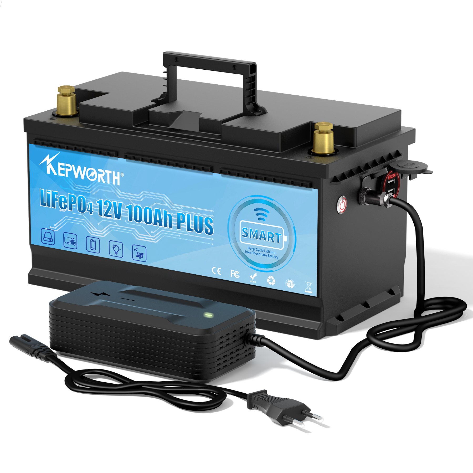 EU/UK/US Stock for Kepworth 12V 100AH Lithium Ion phosphate LiFePO4 Deep Cycle Battery with Bluetooth for RV Marine Solar System