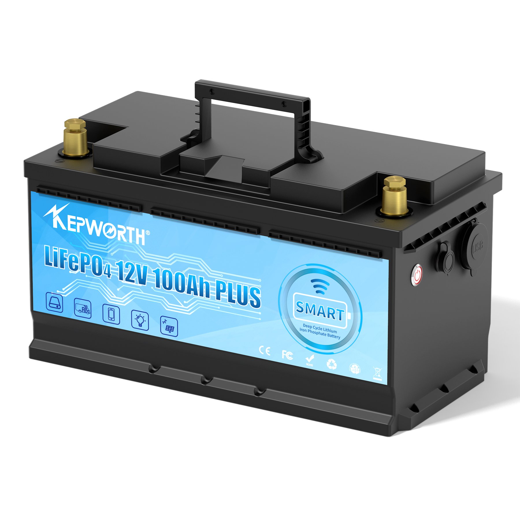 EU/UK/US Stock for Kepworth 12V 100AH Lithium Ion phosphate LiFePO4 Deep Cycle Battery with Bluetooth for RV Marine Solar System