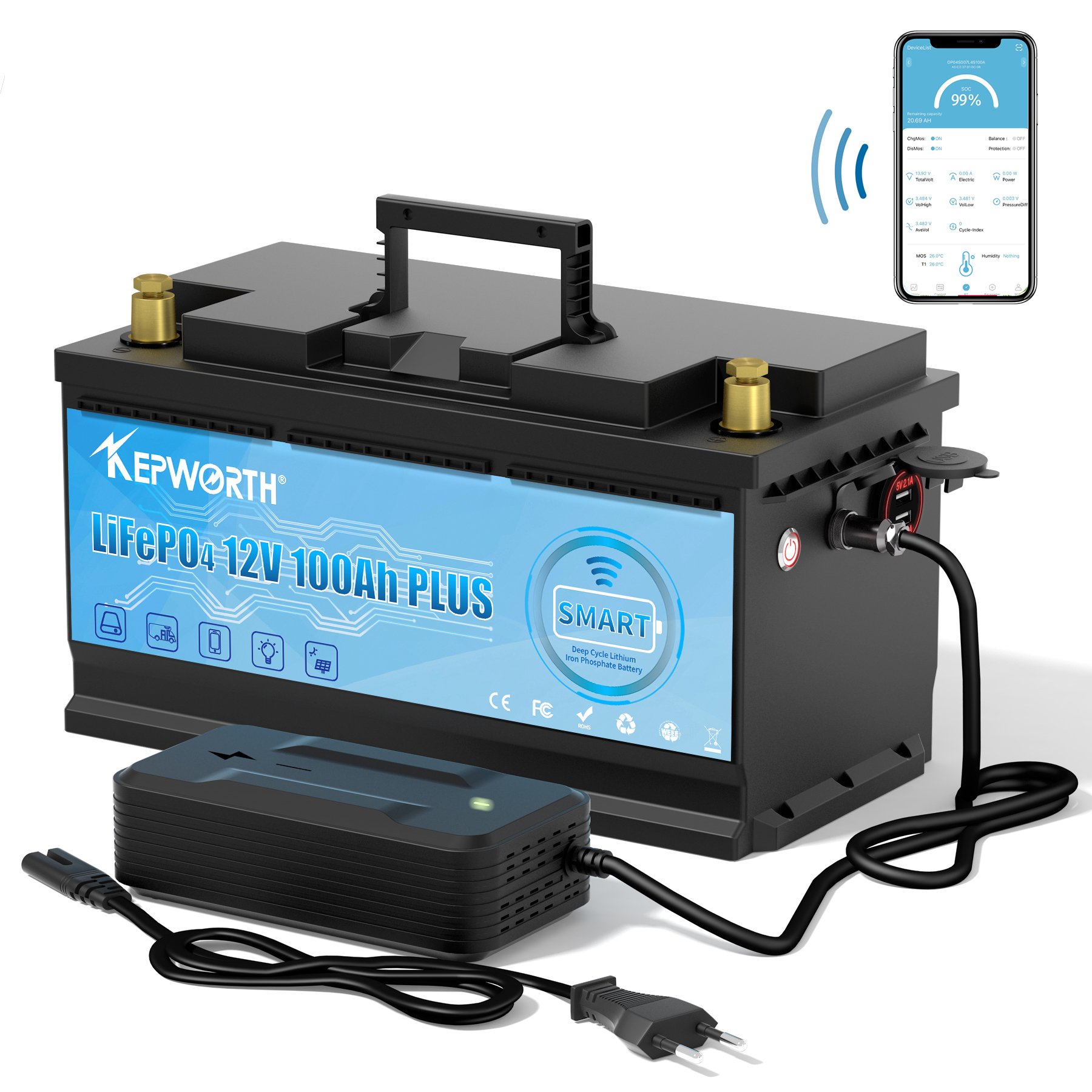 EU/UK/US Stock for Kepworth 12V 100AH Lithium Ion phosphate LiFePO4 Deep Cycle Battery with Bluetooth for RV Marine Solar System