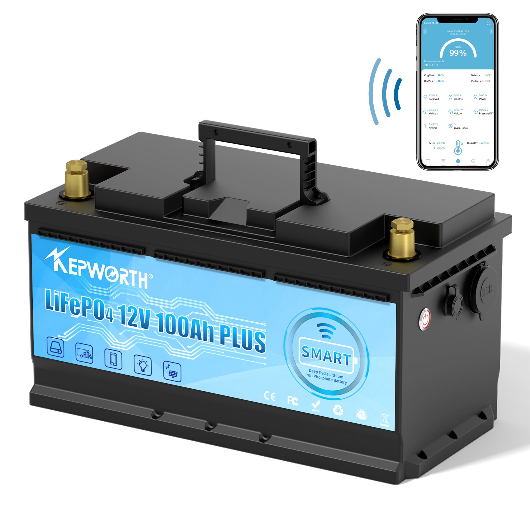 EU/UK/US Stock for Kepworth 12V 100AH Lithium Ion phosphate LiFePO4 Deep Cycle Battery with Bluetooth for RV Marine Solar System
